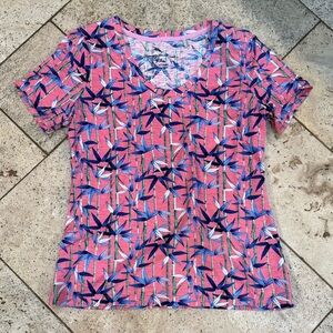 Tommy Bahama Pink Blue Bamboo Tropical Floral Tee Shirt Top Womens Small EUC